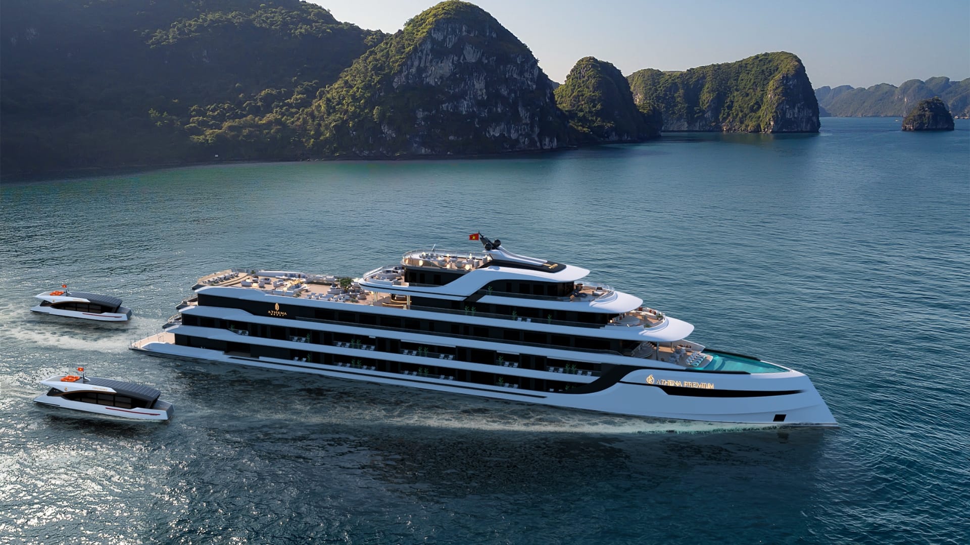 Panoramic view of Athena Premium Cruise on UNESCO World Heritage Ha Long Bay