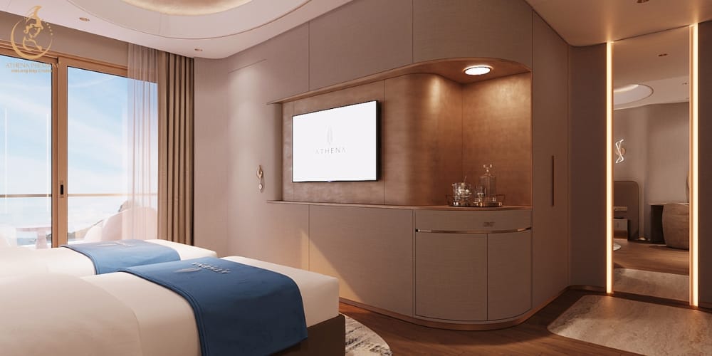 Elegant private balcony cabin offering serene Ha Long Bay views and refined onboard comfort