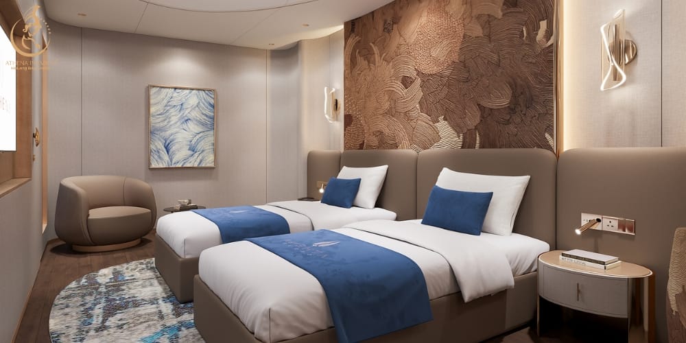 साझा लिविंग स्पेस और पैनोरमिक बे व्यू के साथ इंटरकनेक्टिंग बालकनी केबिन