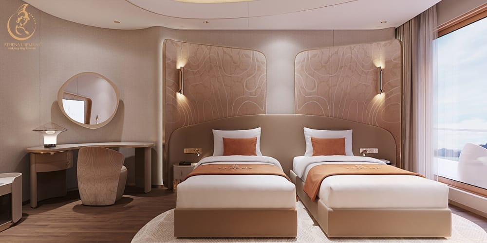 Premium elevated balcony cabin with expansive views and refined, eco-conscious interior design