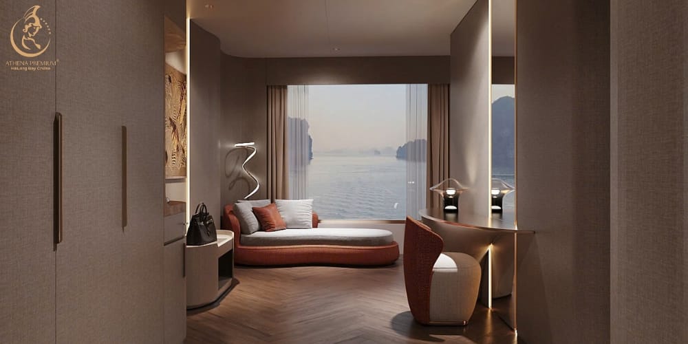 Spacious minimalist suite design combining refined interiors balanced layout and executive comfort