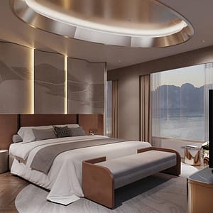 Luxury bedroom interior in Athena Elite Suite cabin
