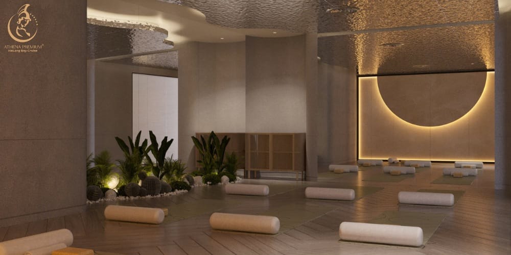 Dedicated spaces for mindfulness stretching and inner calm overlooking Halong Bay