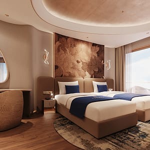 Twin-bed bedroom with sea view in Athena Executive Balcony cabin